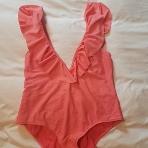 Asos Coral DeepV Ruffle One-piece bathingsuit